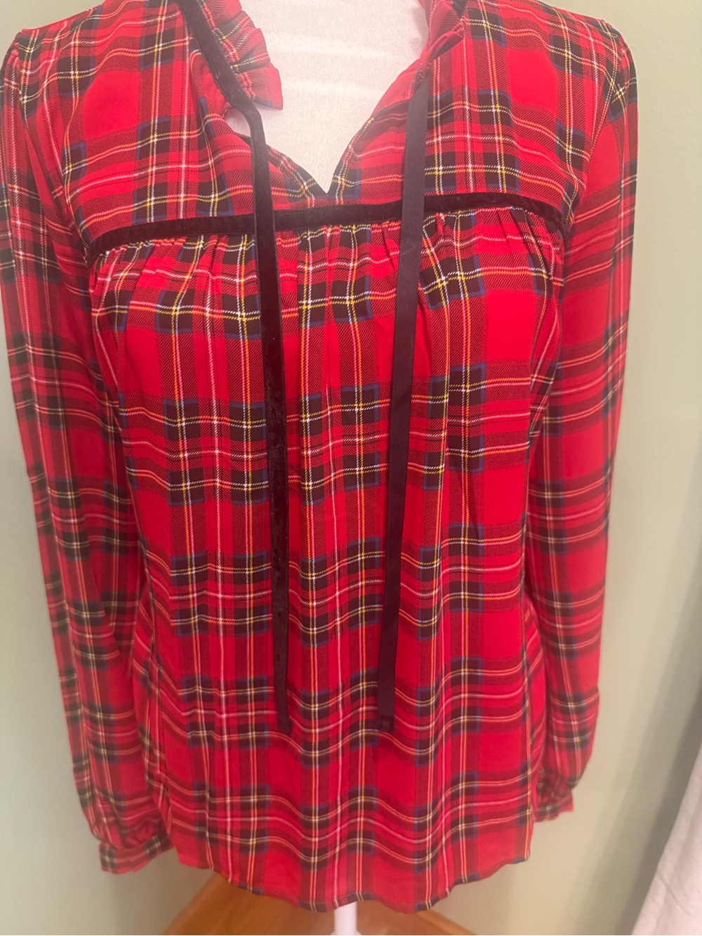 J. Crew Red Plaid Long-Sleeve Peasant Blouse